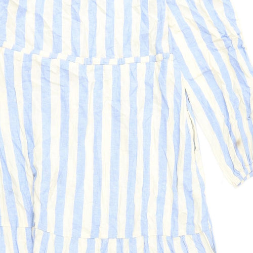 Marks and Spencer Womens Blue Striped Linen A-Line Size 16 V-Neck Button