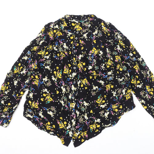 Marks and Spencer Womens Black Floral Viscose Basic Button-Up Size 12 Round Neck