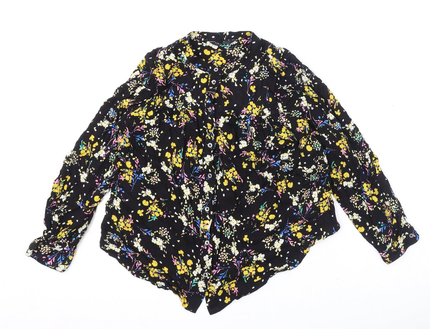Marks and Spencer Womens Black Floral Viscose Basic Button-Up Size 12 Round Neck