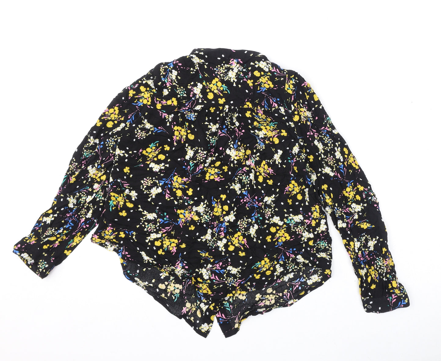 Marks and Spencer Womens Black Floral Viscose Basic Button-Up Size 12 Round Neck