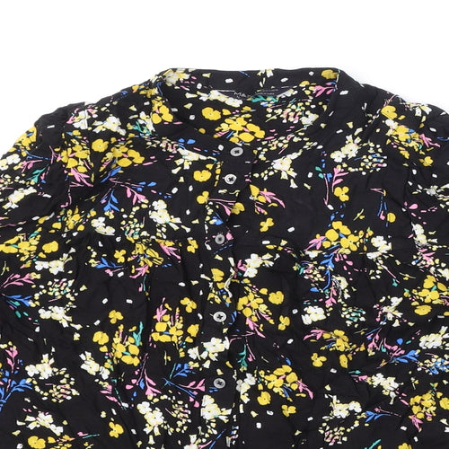 Marks and Spencer Womens Black Floral Viscose Basic Button-Up Size 12 Round Neck