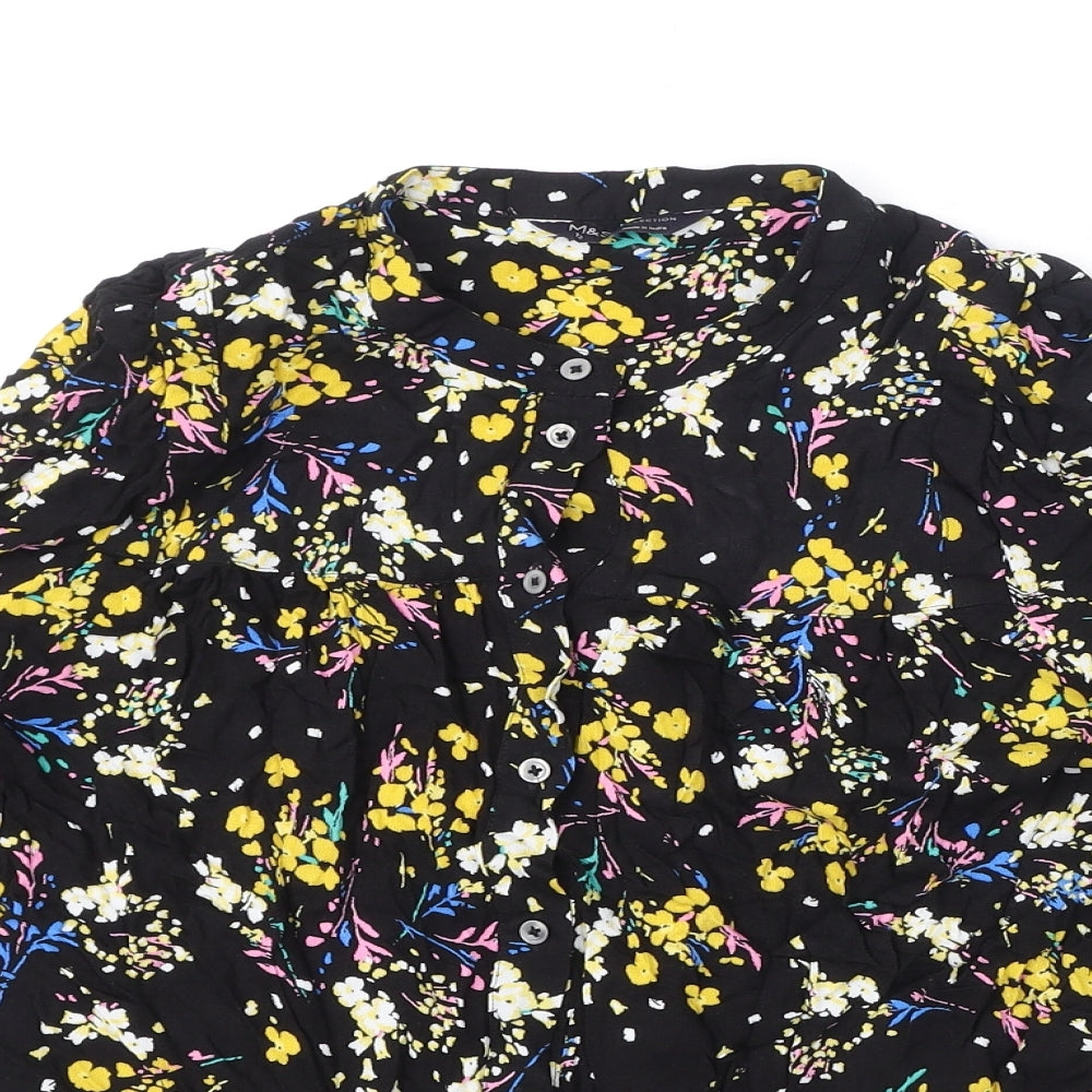 Marks and Spencer Womens Black Floral Viscose Basic Button-Up Size 12 Round Neck
