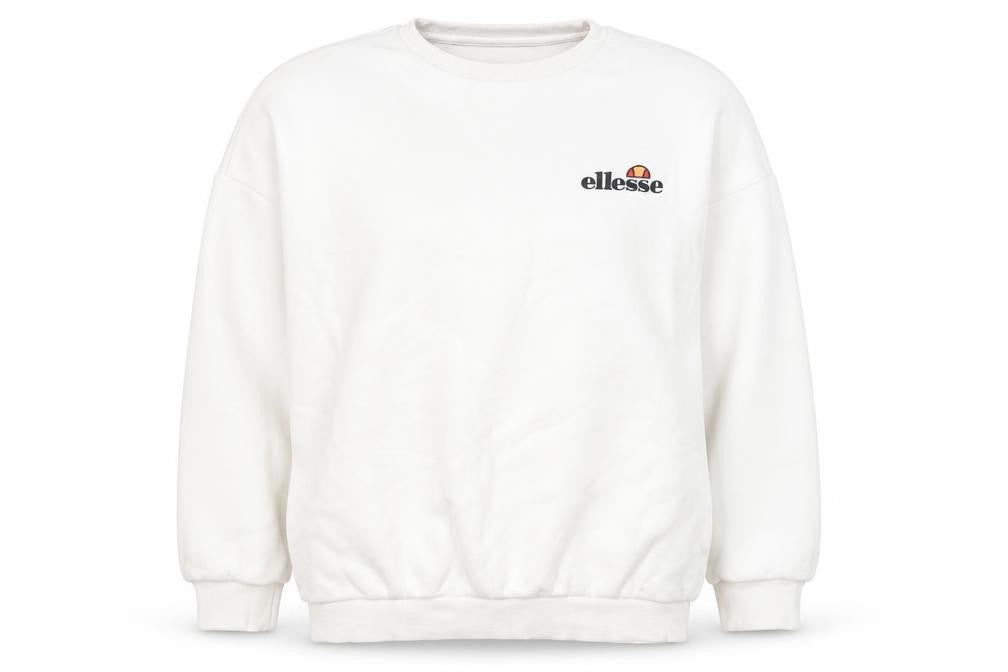 Front view of Ellesse women’s white cotton pullover sweatshirt, size UK 6, pullover - logo