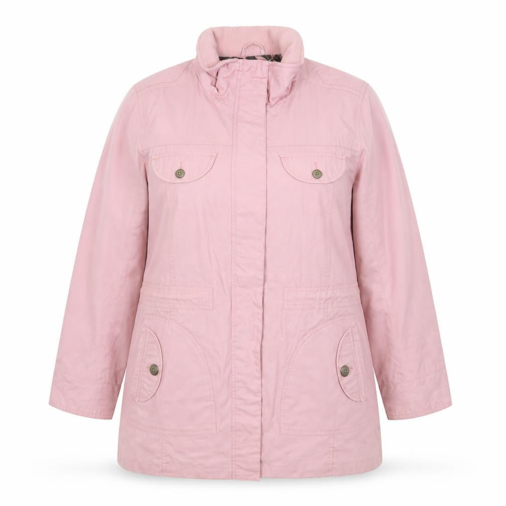 Front view of Being Casual women’s pink jacket, size UK 16, zip