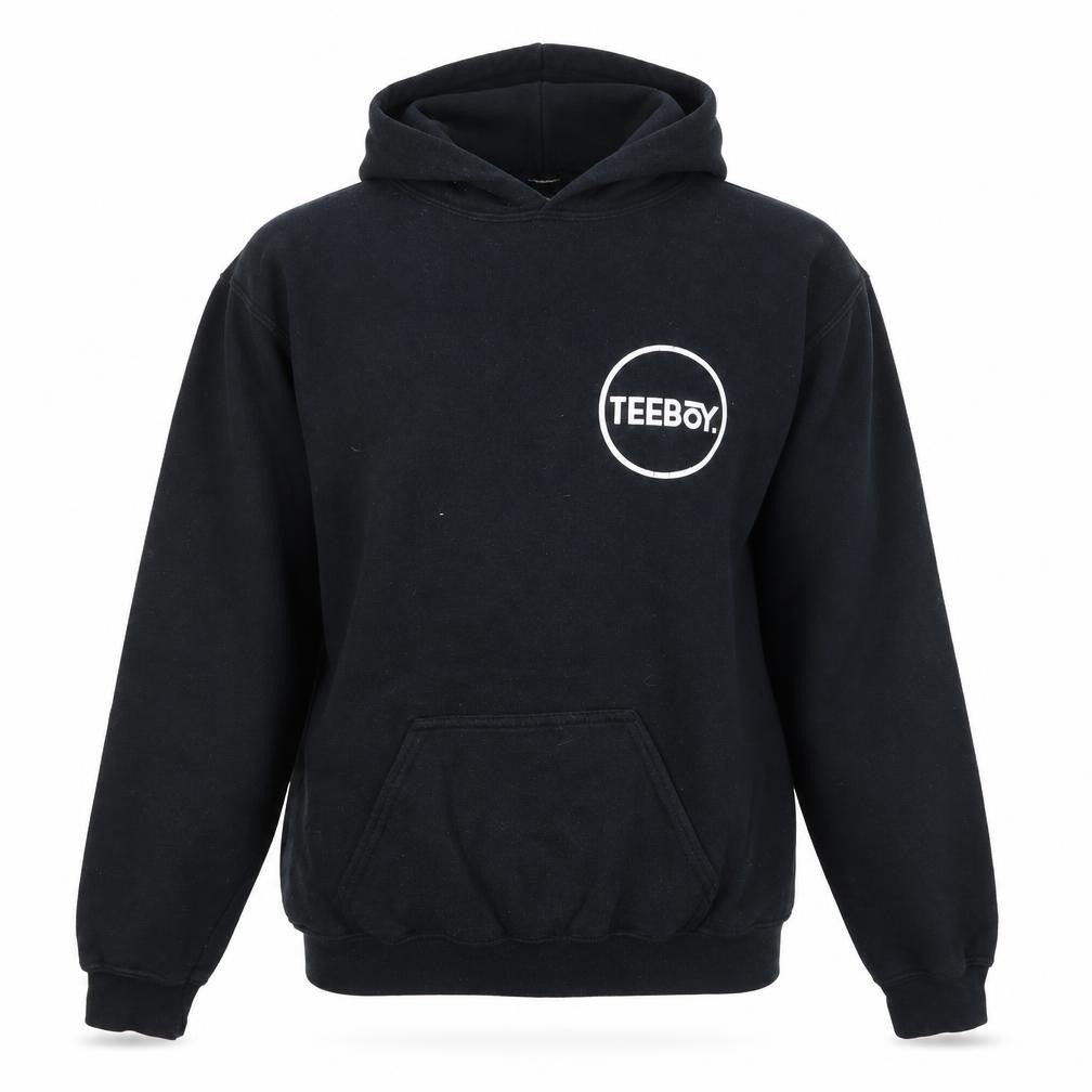 Front view of Teeboy men’s black cotton pullover hoodie, size XS, - logo