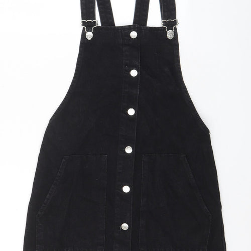 Zara Womens Black Cotton Pinafore/Dungaree Dress Size XS Square Neck Button