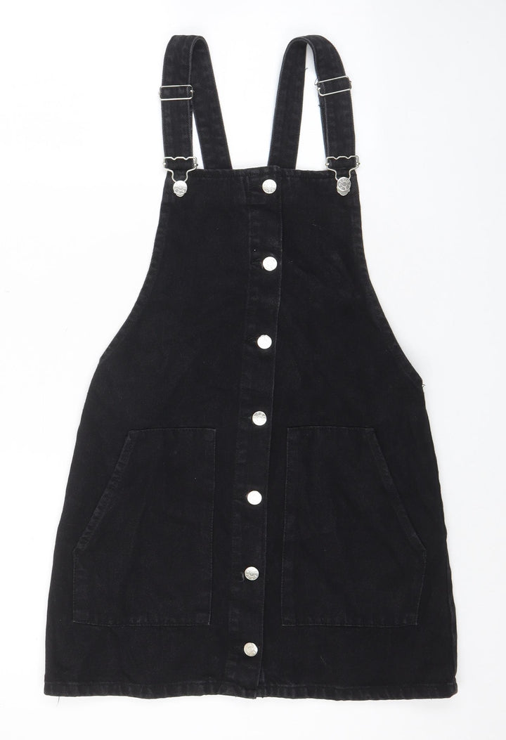 Zara Womens Black Cotton Pinafore/Dungaree Dress Size XS Square Neck Button
