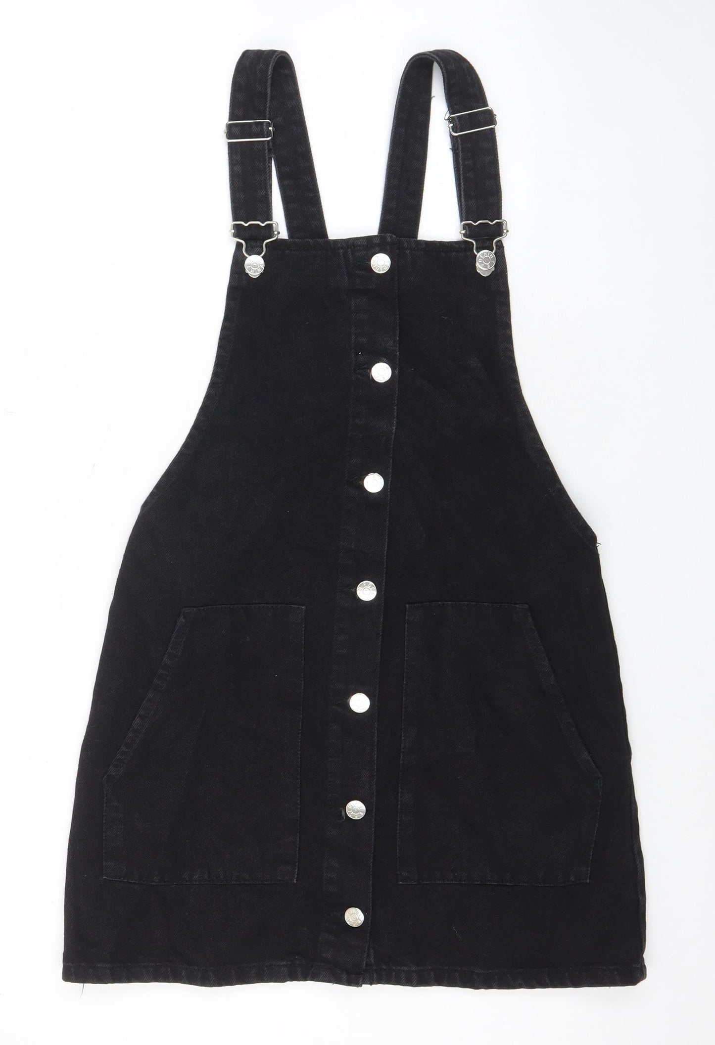 Zara Womens Black Cotton Pinafore/Dungaree Dress Size XS Square Neck Button