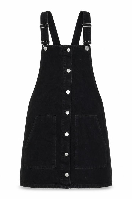 Front view of Zara women’s black cotton pinafore/dungaree dress, size XS, square neck button