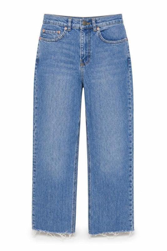 Front view of ASOS women’s blue cotton cropped jeans, size UK 25, in, 26-inch leg regular zip - customized length