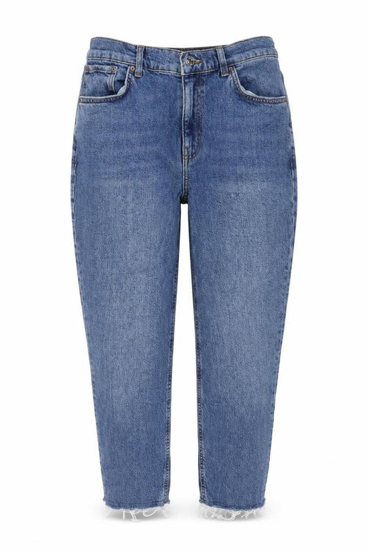 Front view of ASOS women’s blue cotton cropped jeans, size UK 28, in, 28-inch leg regular zip