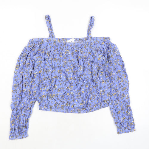 Marks and Spencer Girls Blue Floral Viscose Basic Blouse Size 12-13 Years Square Neck - Cold Shoulder