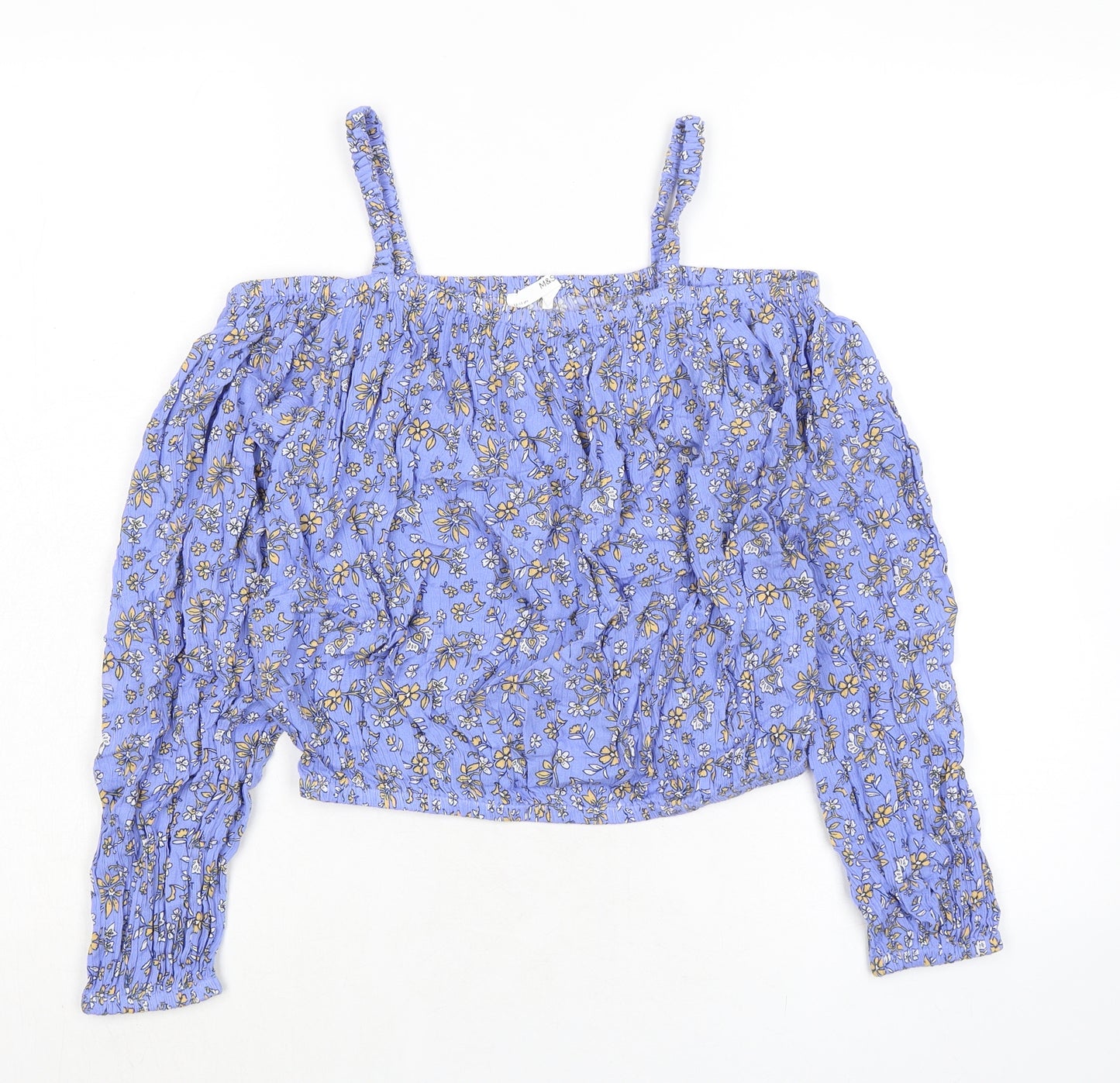 Marks and Spencer Girls Blue Floral Viscose Basic Blouse Size 12-13 Years Square Neck - Cold Shoulder