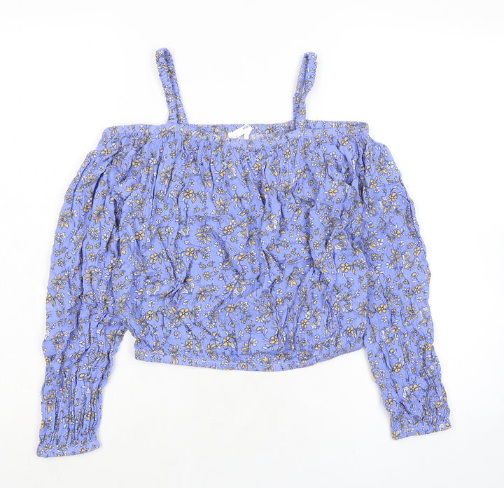 Marks and Spencer Girls Blue Floral Viscose Basic Blouse Size 12-13 Years Square Neck - Cold Shoulder