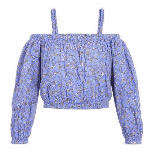 Marks and Spencer Girls Blue Floral Viscose Basic Blouse Size 12-13 Years Square Neck - Cold Shoulder