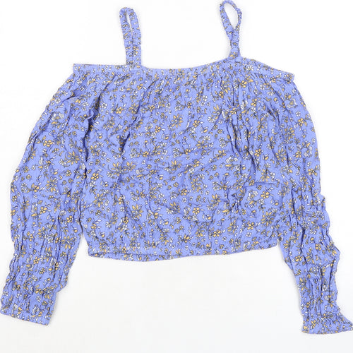 Marks and Spencer Girls Blue Floral Viscose Basic Blouse Size 12-13 Years Square Neck - Cold Shoulder