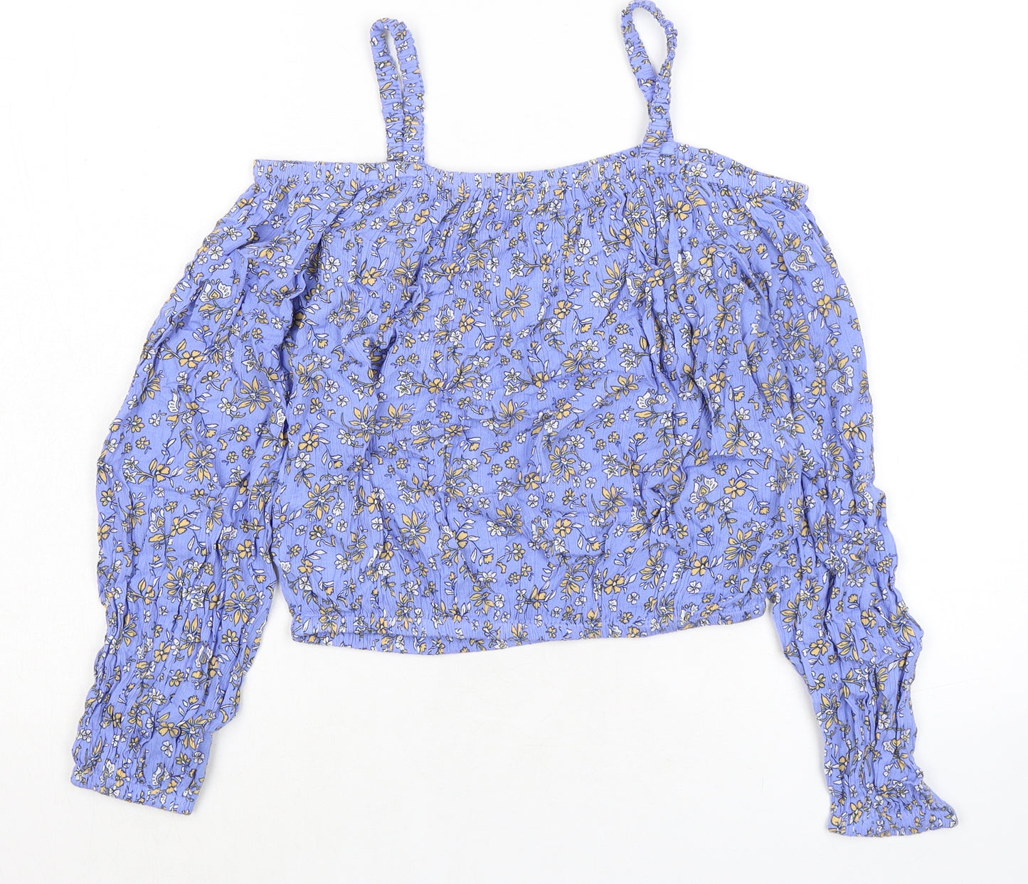 Marks and Spencer Girls Blue Floral Viscose Basic Blouse Size 12-13 Years Square Neck - Cold Shoulder