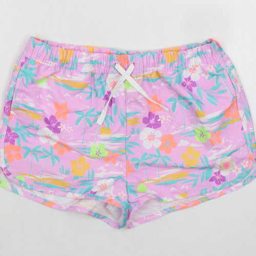 Marks and Spencer Girls Purple Floral 100% Polyester Bermuda Shorts Size 12-13 Years Regular Drawstring - Inside Leg 1.5in