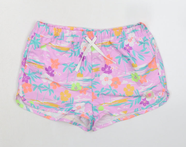 Marks and Spencer Girls Purple Floral 100% Polyester Bermuda Shorts Size 12-13 Years Regular Drawstring - Inside Leg 1.5in