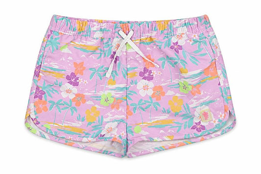 Marks and Spencer Girls Purple Floral 100% Polyester Bermuda Shorts Size 12-13 Years Regular Drawstring - Inside Leg 1.5in