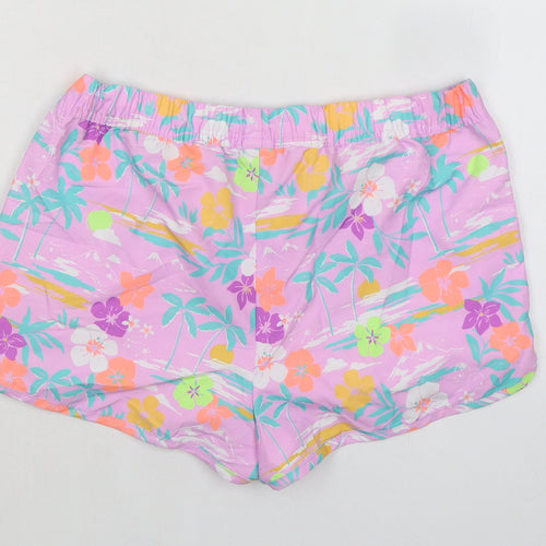 Marks and Spencer Girls Purple Floral 100% Polyester Bermuda Shorts Size 12-13 Years Regular Drawstring - Inside Leg 1.5in
