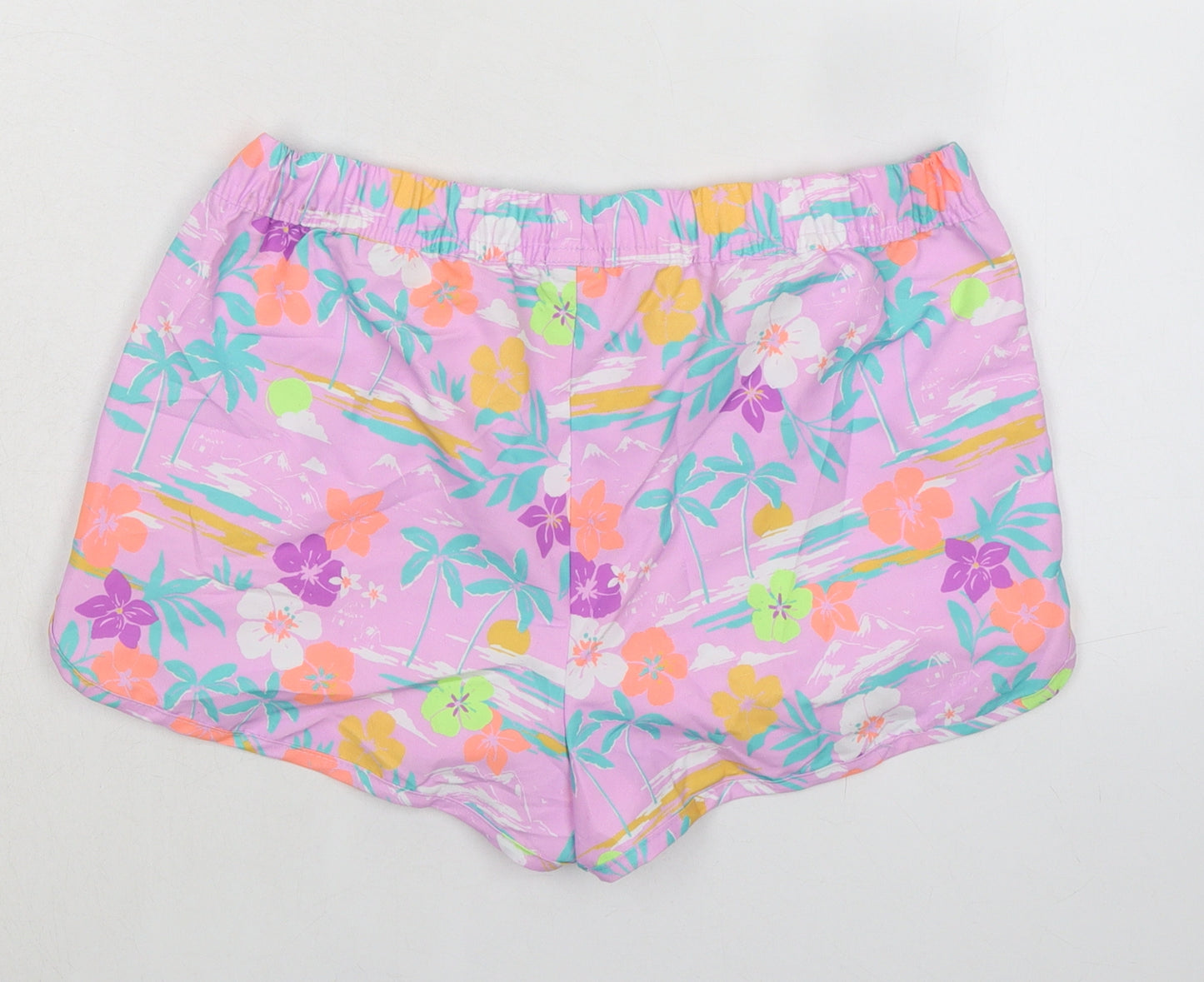 Marks and Spencer Girls Purple Floral 100% Polyester Bermuda Shorts Size 12-13 Years Regular Drawstring - Inside Leg 1.5in