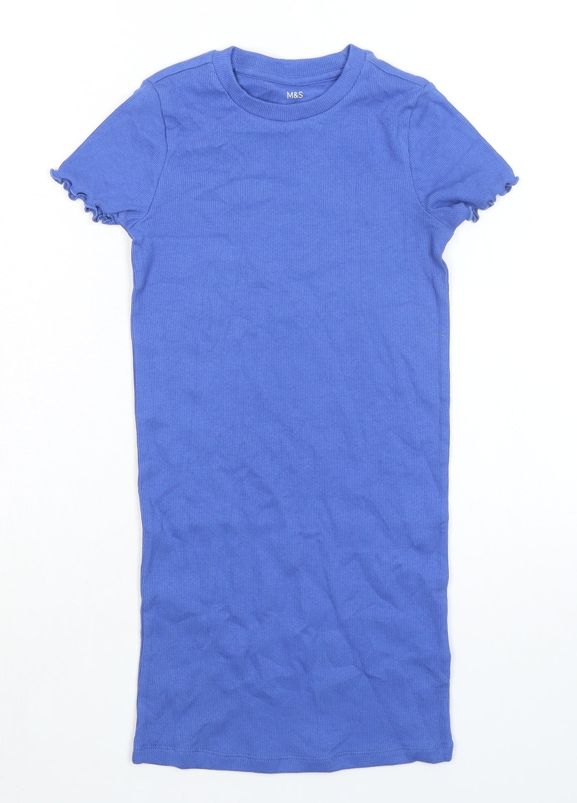Marks and Spencer Girls Blue Cotton T-Shirt Dress Size 6-7 Years Crew Neck - Ribbed