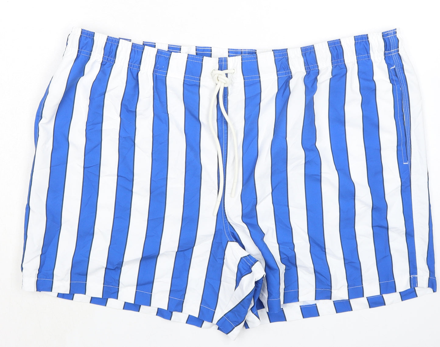 Marks and Spencer Mens Blue Striped Polyester Bermuda Shorts Size 3XL Regular Drawstring - Inside Leg 5in
