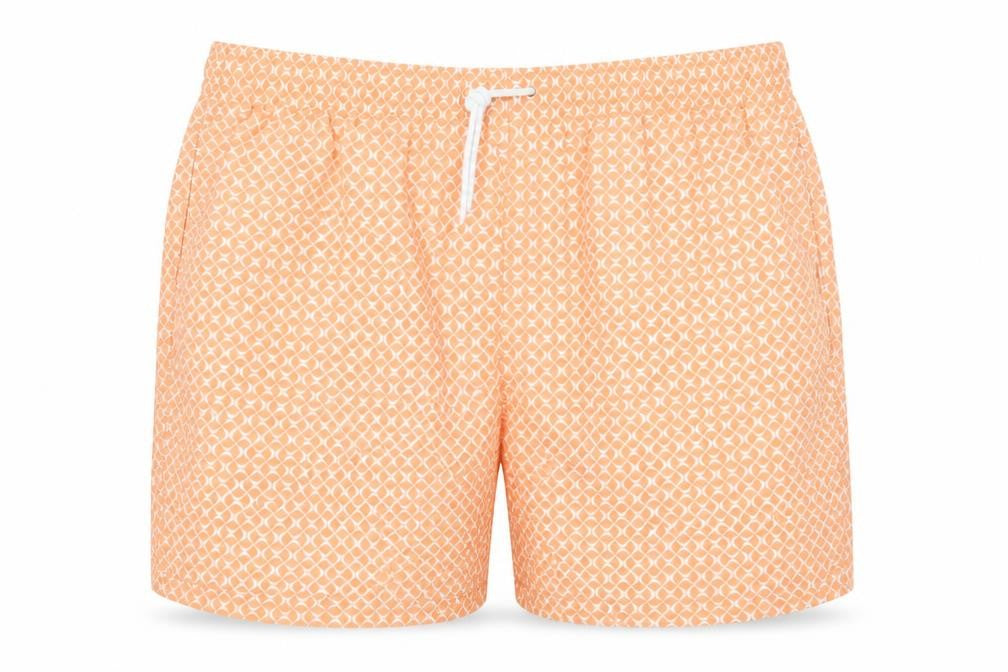Front view of Marks & Spencer men’s orange geometric polyester bermuda shorts, size 3XL, regular drawstring - inside leg 5in