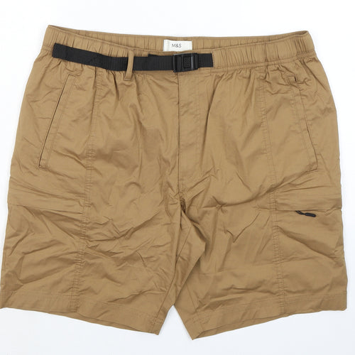 Marks and Spencer Mens Brown Cotton Cargo Shorts Size 40 in L8 in Regular Zip - Zip Pockets
