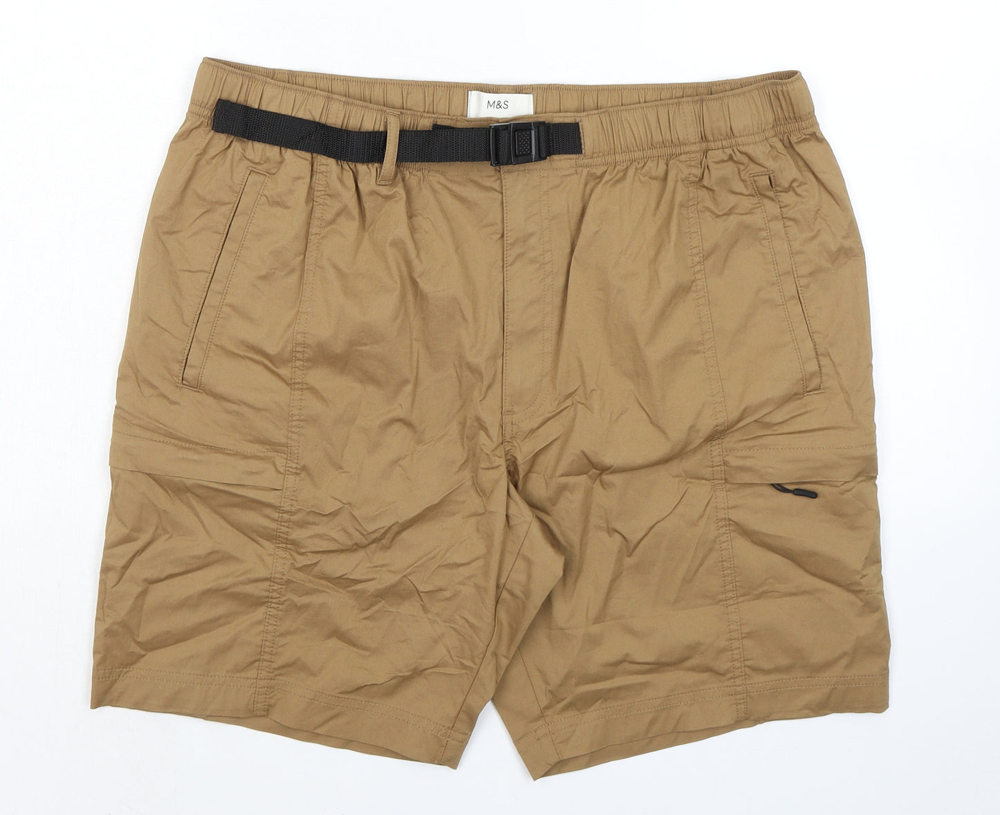 Marks and Spencer Mens Brown Cotton Cargo Shorts Size 40 in L8 in Regular Zip - Zip Pockets
