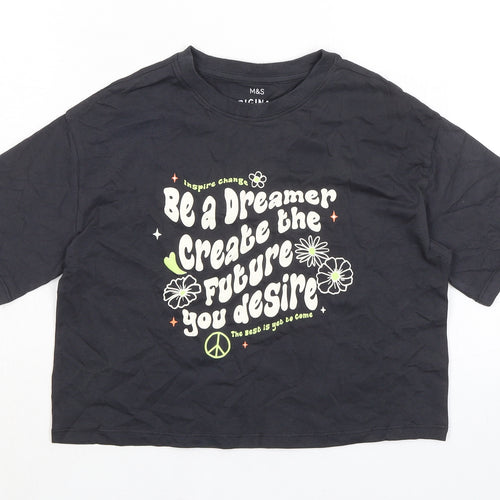 Marks and Spencer Girls Grey Cotton Basic T-Shirt Size 8-9 Years Crew Neck - Be a Dreamer