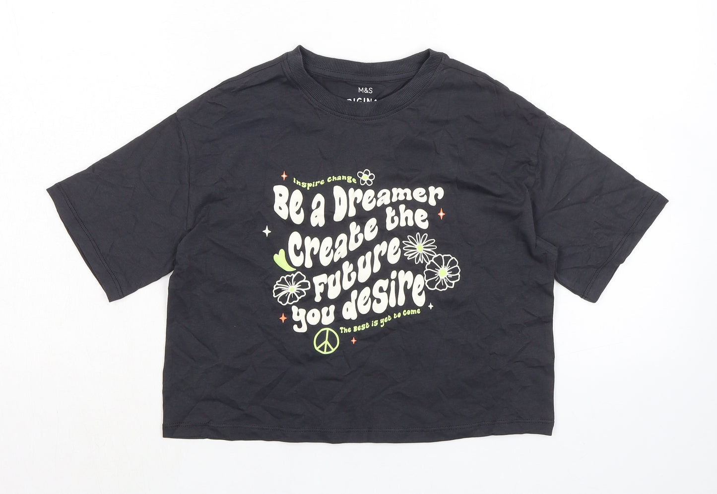 Marks and Spencer Girls Grey Cotton Basic T-Shirt Size 8-9 Years Crew Neck - Be a Dreamer