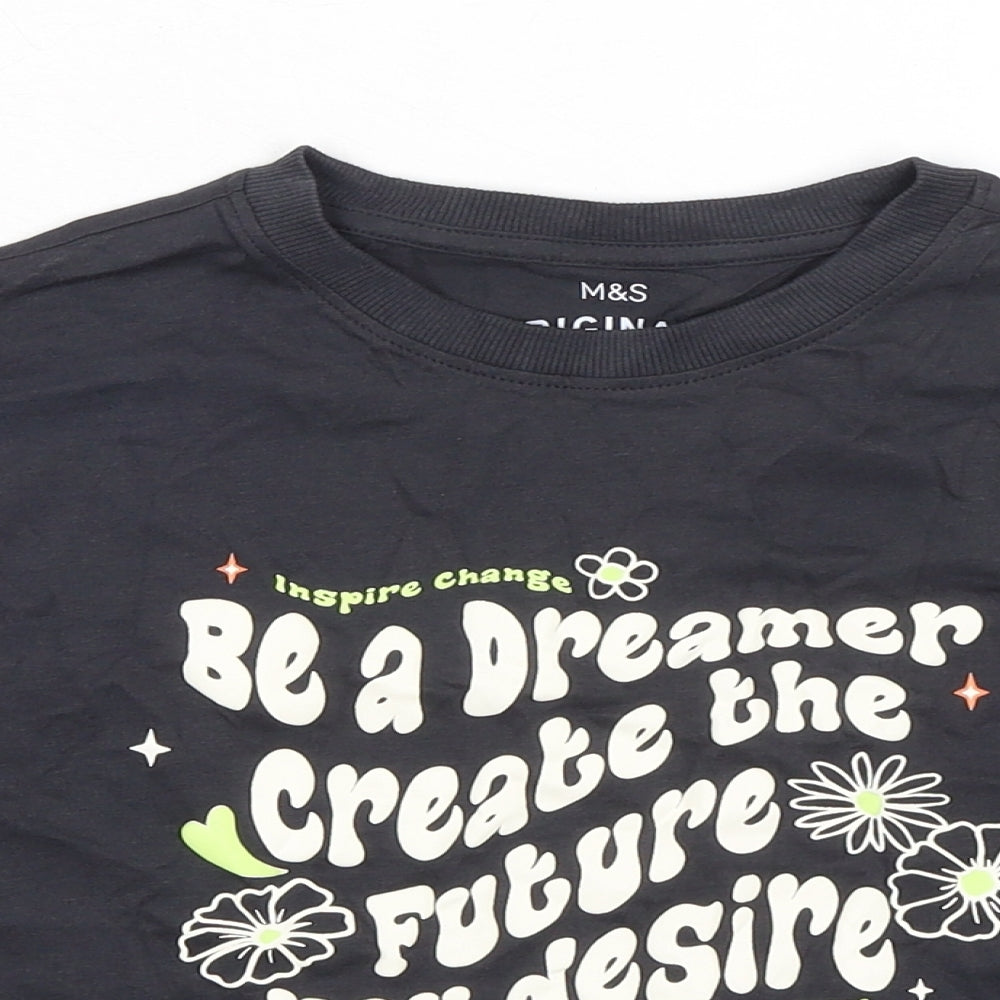 Marks and Spencer Girls Grey Cotton Basic T-Shirt Size 8-9 Years Crew Neck - Be a Dreamer