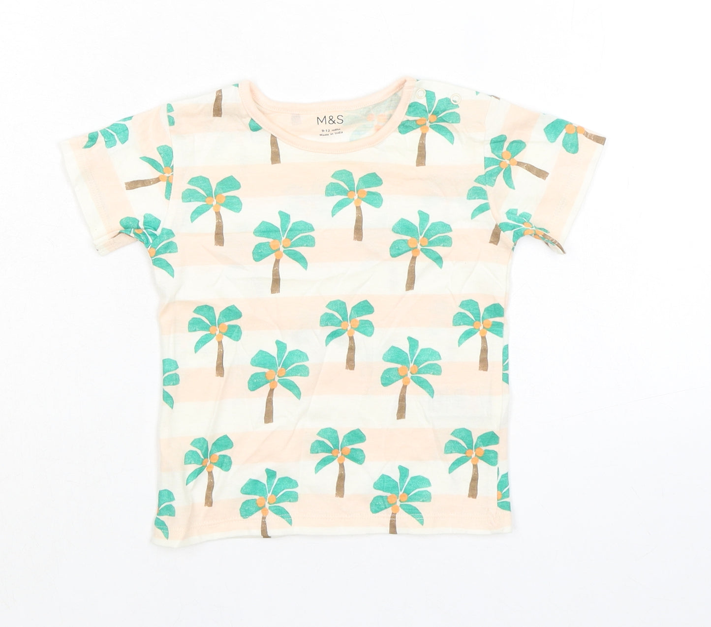 Marks and Spencer Baby Orange Striped Cotton Basic T-Shirt Size 9-12 Months Round Neck Snap - Palm Trees