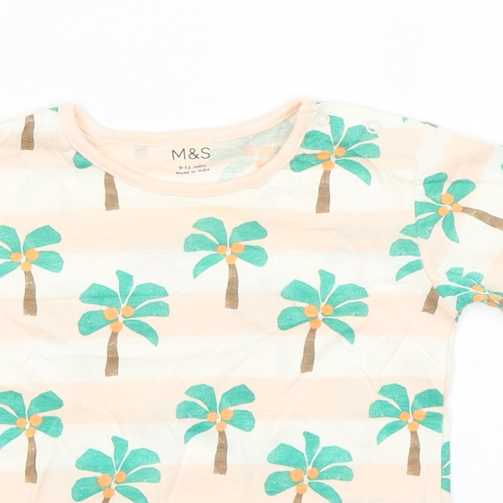 Marks and Spencer Baby Orange Striped Cotton Basic T-Shirt Size 9-12 Months Round Neck Snap - Palm Trees