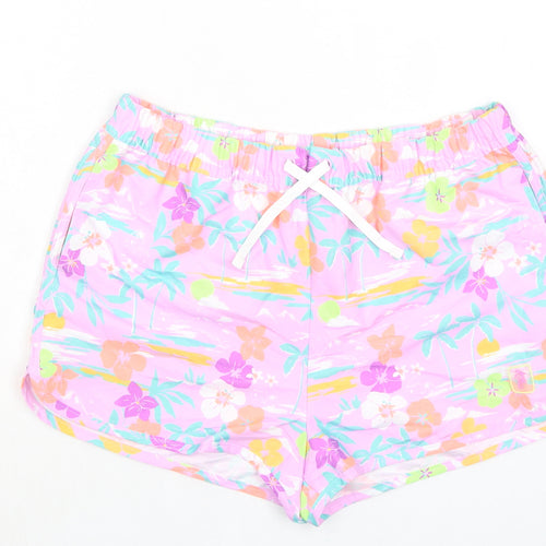 Marks and Spencer Girls Purple Floral 100% Polyester Bermuda Shorts Size 13-14 Years Regular Drawstring - Inside Leg 1.5in
