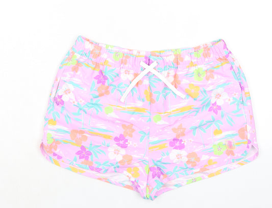 Marks and Spencer Girls Purple Floral 100% Polyester Bermuda Shorts Size 13-14 Years Regular Drawstring - Inside Leg 1.5in