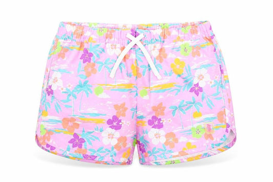 Marks and Spencer Girls Purple Floral 100% Polyester Bermuda Shorts Size 13-14 Years Regular Drawstring - Inside Leg 1.5in