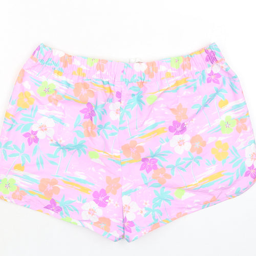 Marks and Spencer Girls Purple Floral 100% Polyester Bermuda Shorts Size 13-14 Years Regular Drawstring - Inside Leg 1.5in