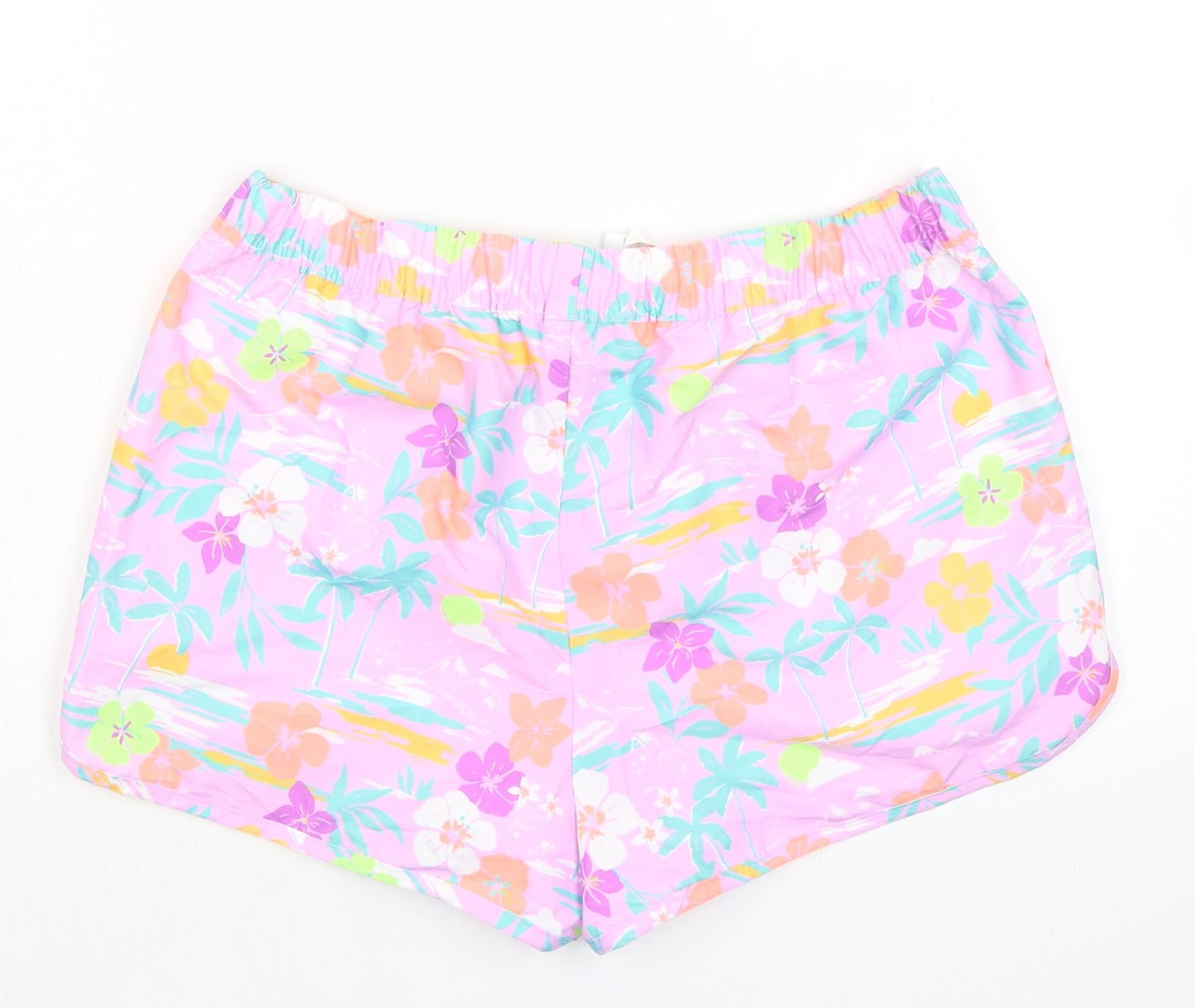 Marks and Spencer Girls Purple Floral 100% Polyester Bermuda Shorts Size 13-14 Years Regular Drawstring - Inside Leg 1.5in
