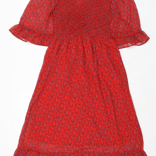 Finery Womens Red Floral Polyester A-Line Size 8 Mock Neck - Smocked