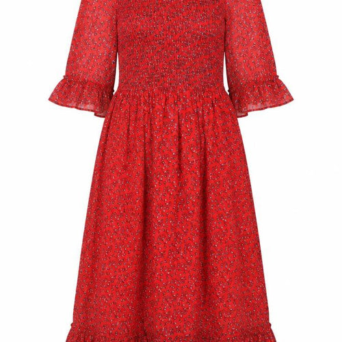 Finery Womens Red Floral Polyester A-Line Size 8 Mock Neck - Smocked