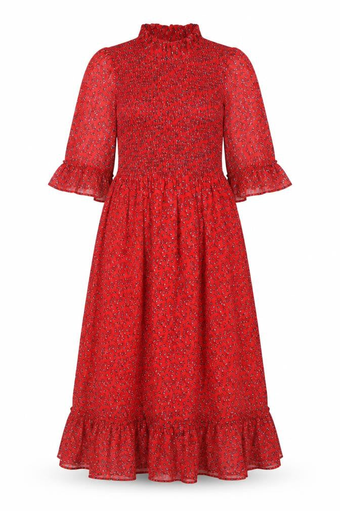 Finery Womens Red Floral Polyester A-Line Size 8 Mock Neck - Smocked