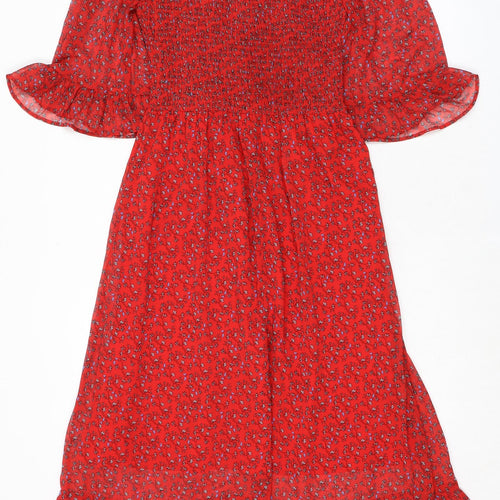 Finery Womens Red Floral Polyester A-Line Size 8 Mock Neck - Smocked