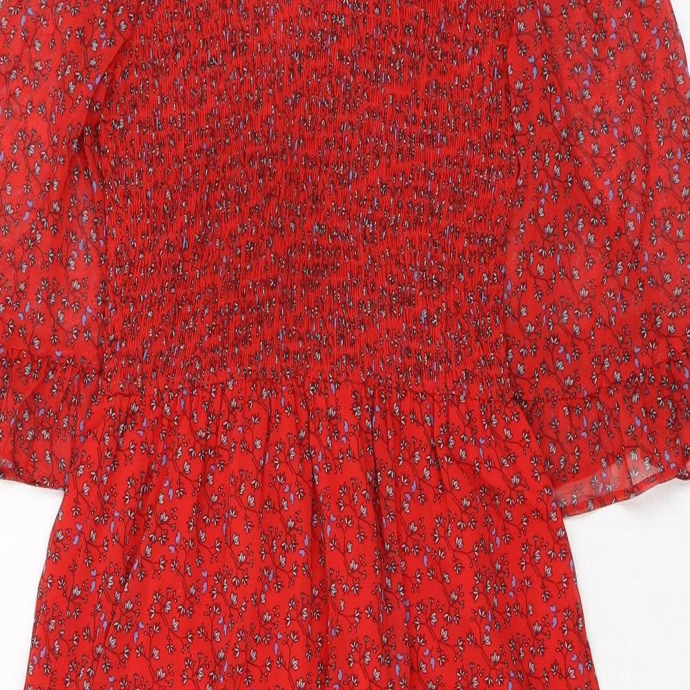 Finery Womens Red Floral Polyester A-Line Size 8 Mock Neck - Smocked