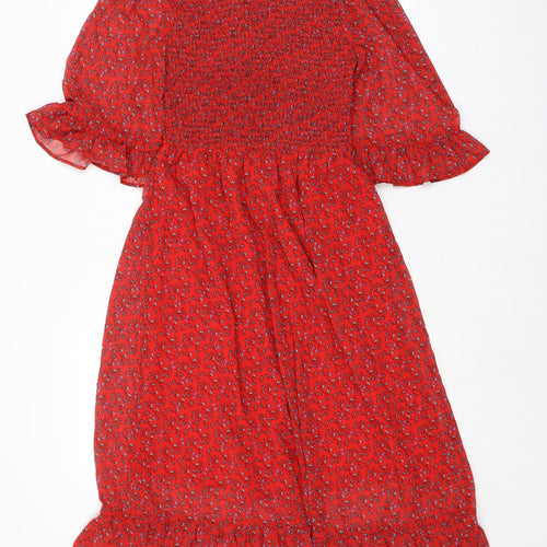 Finery Womens Red Floral Polyester A-Line Size 8 Mock Neck - Smocked