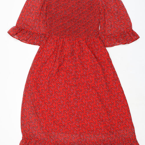 Finery Womens Red Floral Polyester A-Line Size 8 Mock Neck - Smocked