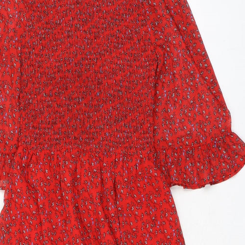 Finery Womens Red Floral Polyester A-Line Size 8 Mock Neck - Smocked