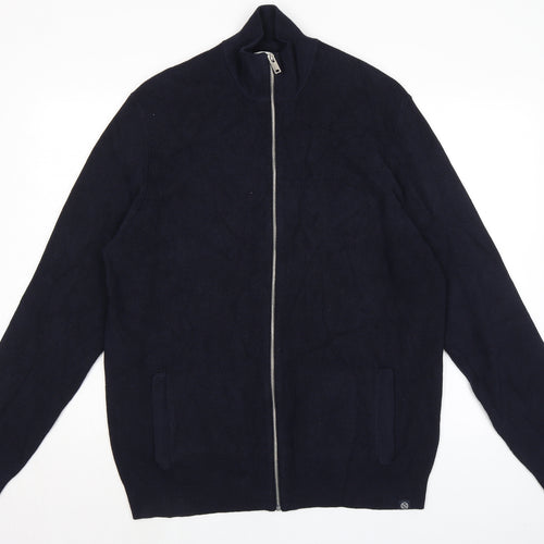 Marks and Spencer Mens Blue Mock Neck Polyester Full Zip Jumper Size 2XL Long Sleeve - Ribbed